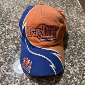 Vintage NASCAR PayDay #21 Racing Hat Blue Orange Peanut Caramel Bar Sponsor Cap